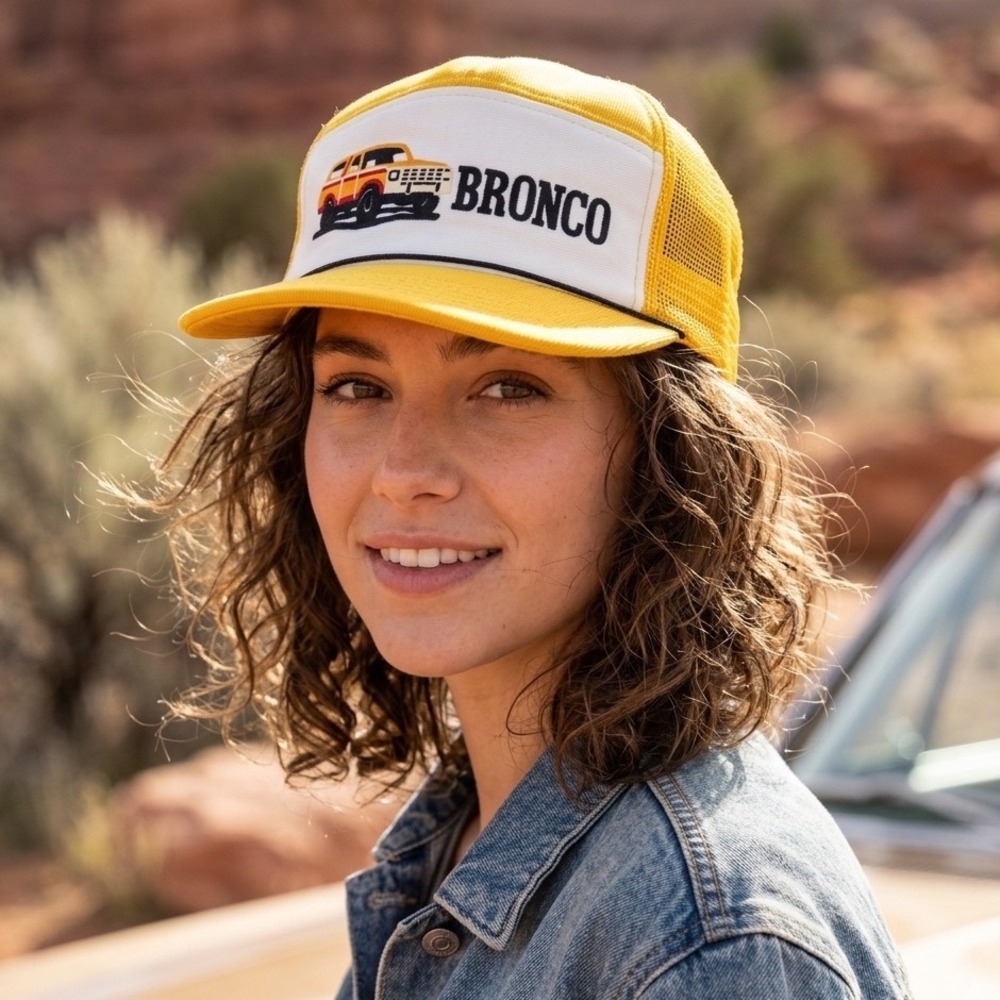 Vtg 80s Ford Bronco Trucker Hat Yellow White Young An Snapback Mesh Cap M/L